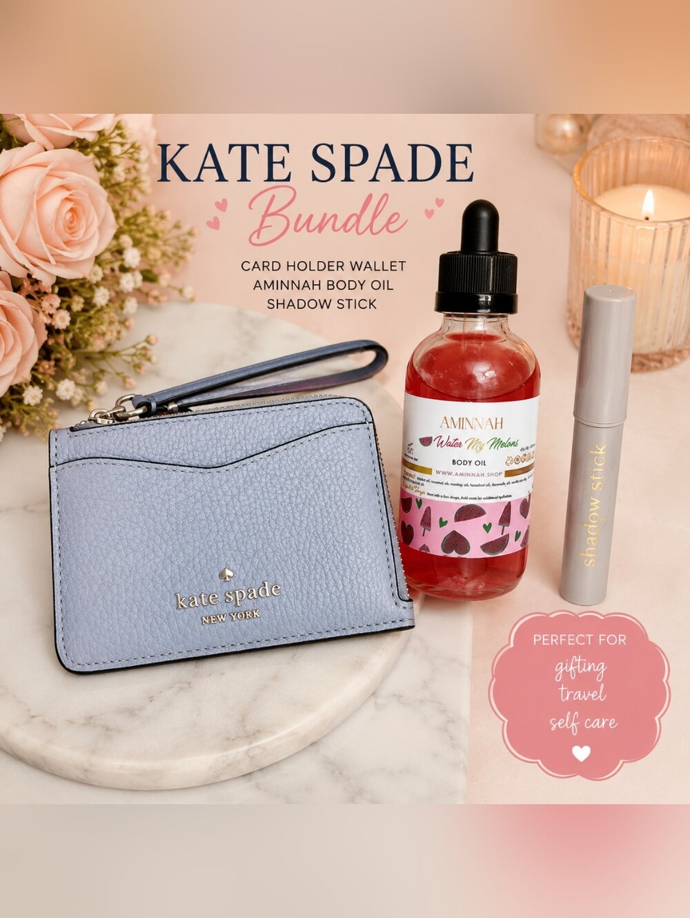 Kate Spade Card Holder Wallet Bundle | Aminnah Water My Melons Body Oil & Shadow